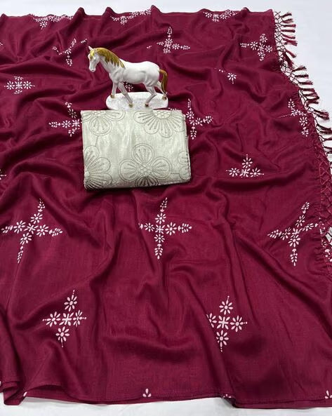 Chanderi Burgundy snowflake design saree
